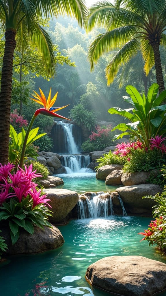 vibrant flowers and waterfall