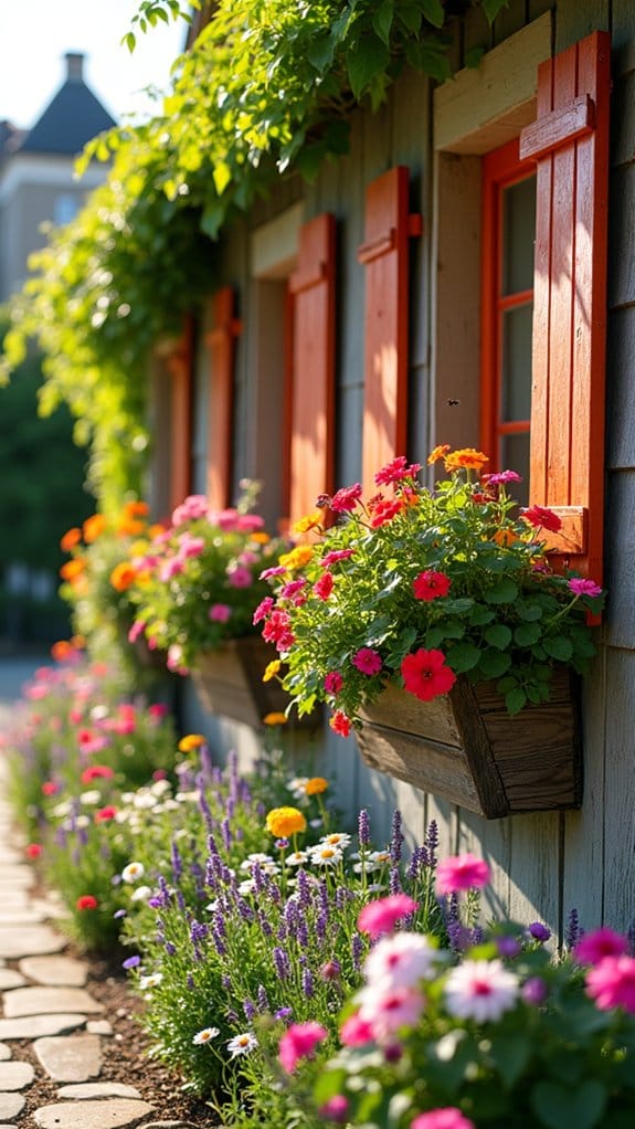 vibrant flowers in window boxes