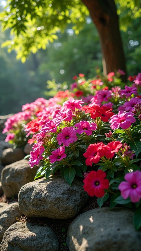 vibrant flowers soften rocks