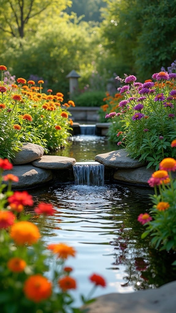 vibrant flowers soothing fountain