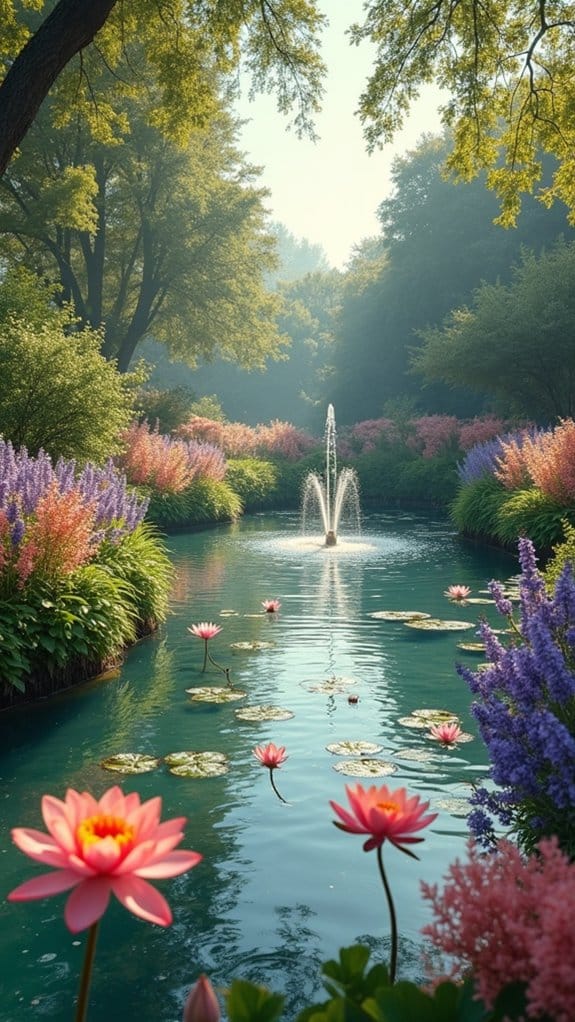 vibrant flowers tranquil pond