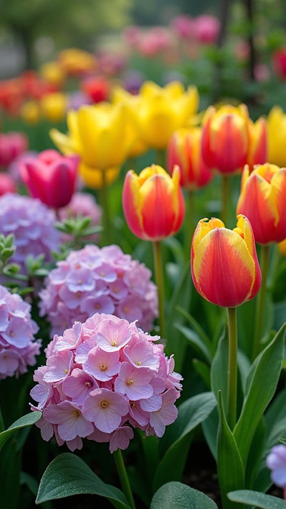 vibrant hydrangeas and tulips