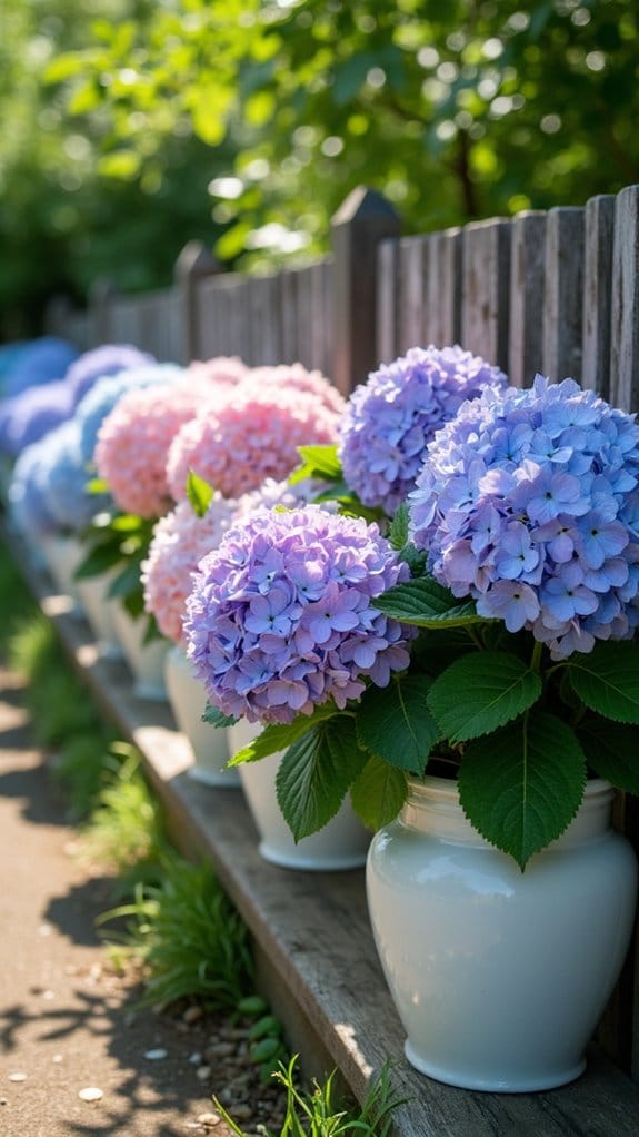 vibrant hydrangeas in pots