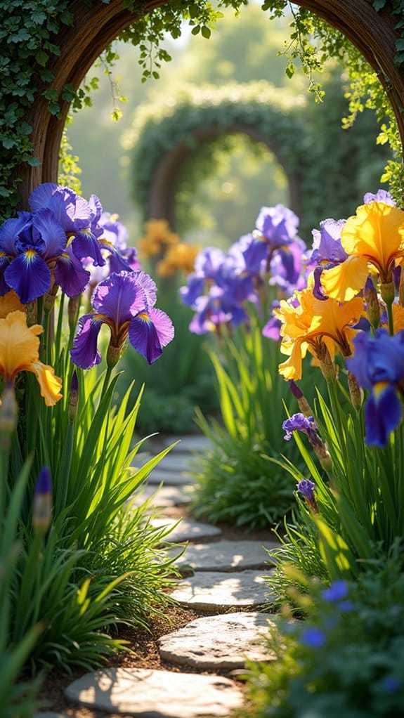 vibrant irises in cottage garden