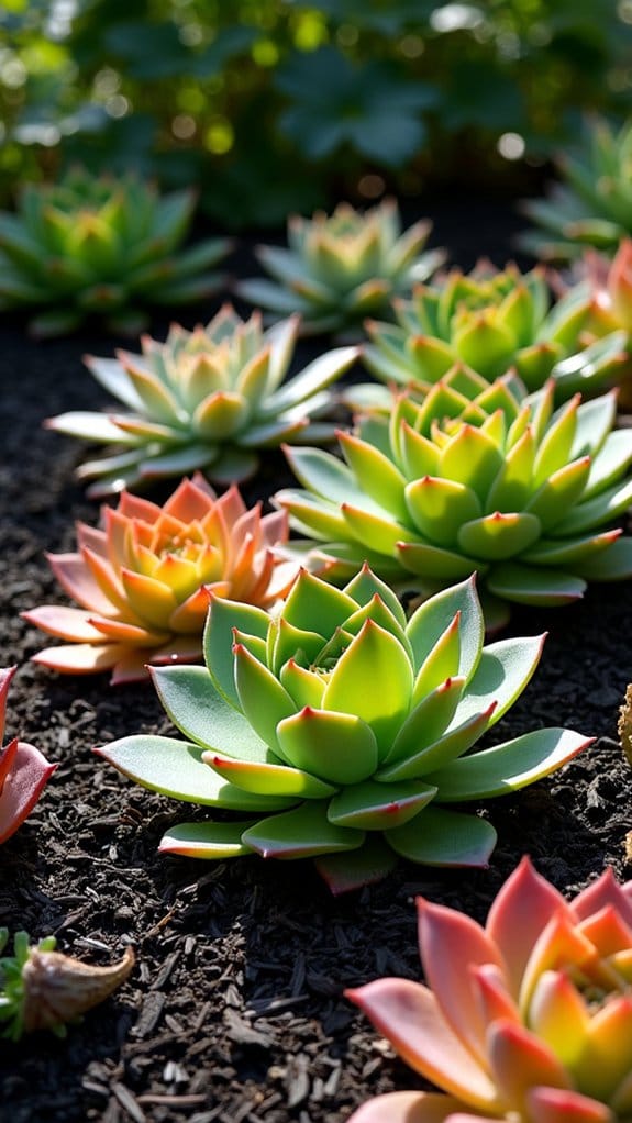 vibrant succulents with black mulch