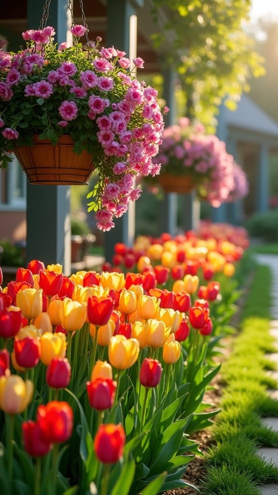 vibrant tulip hanging baskets