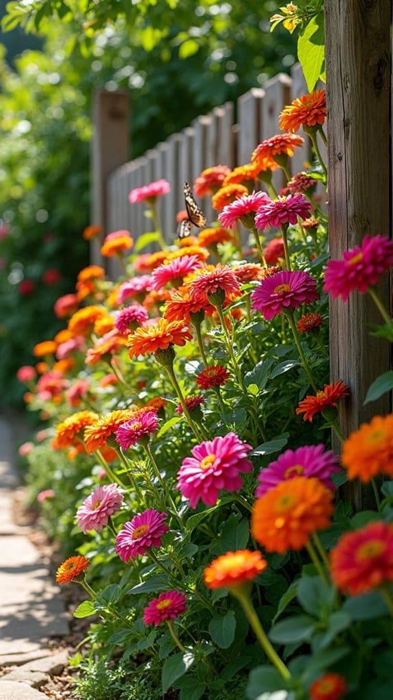 vibrant zinnias along fences