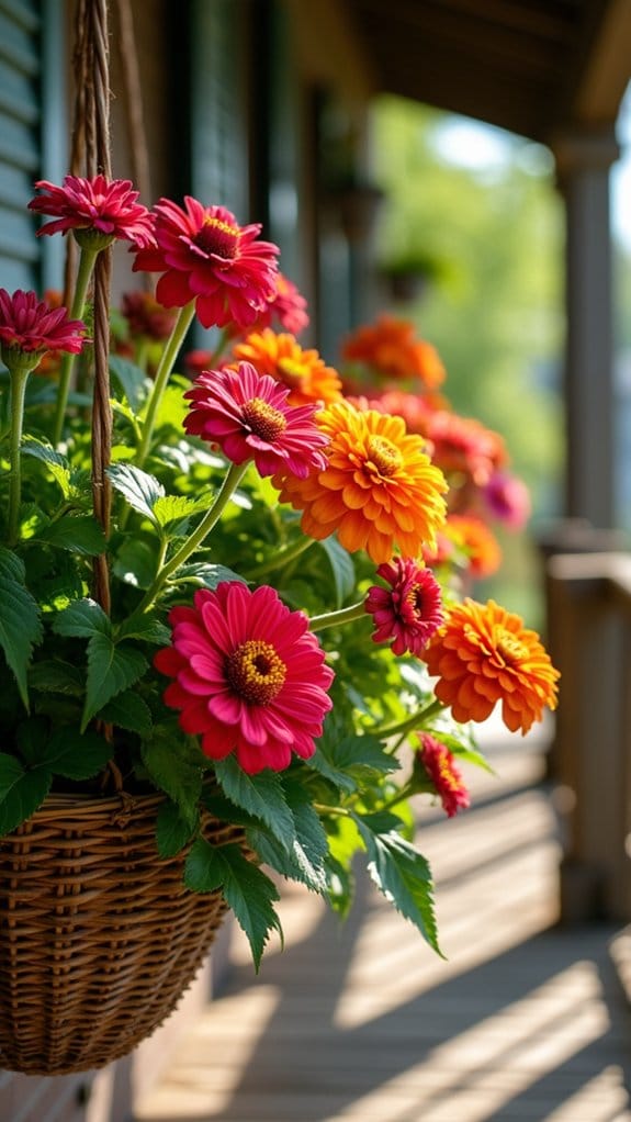vibrant zinnias in baskets