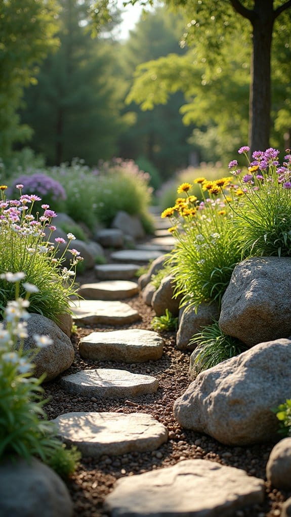 wildflowers enhance rugged stones