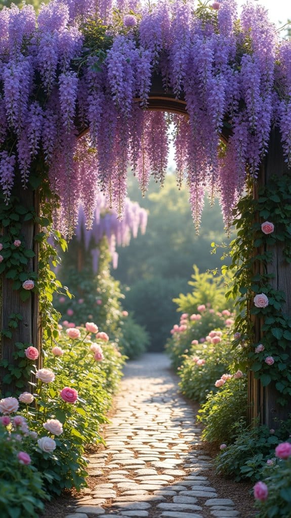 wisteria and climbing roses