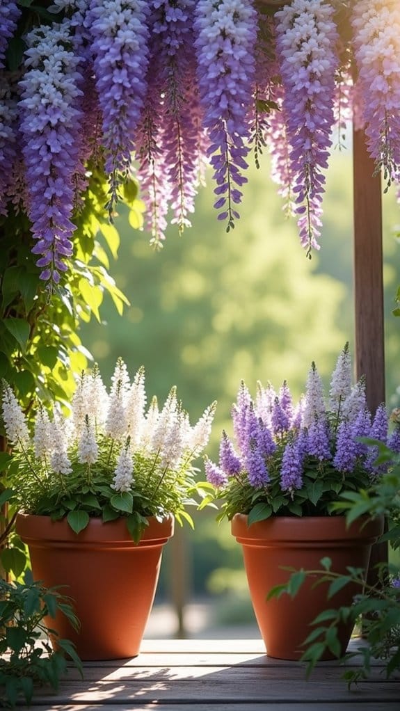 wisteria blooms in containers