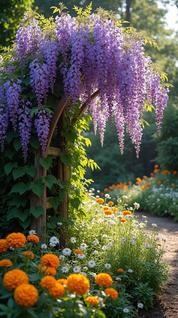 wisteria enhances mixed flower bed