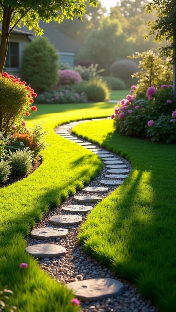 lush lawn with pebble path