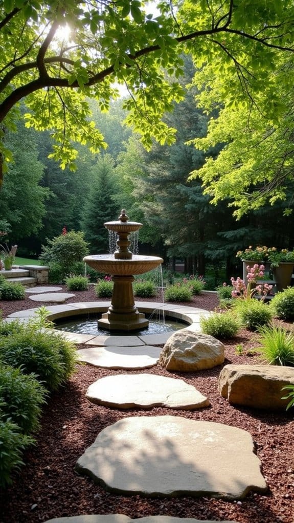 mulch and stones enhance fountain