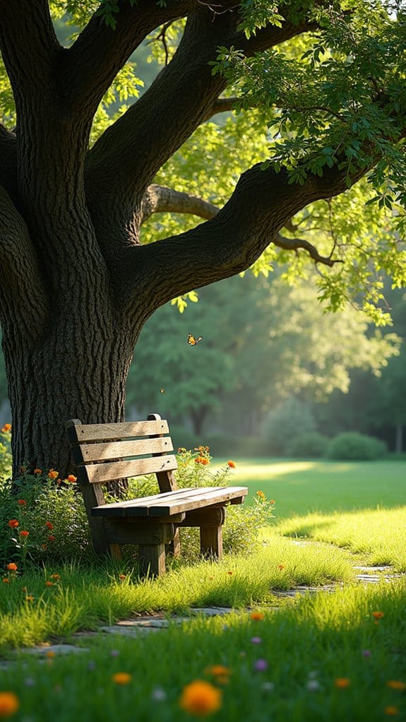 rustic bench under tree