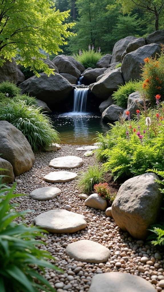 tranquil pond with waterfall