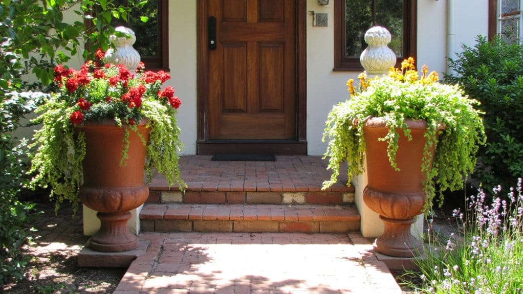 bold flower pots enhance entryway