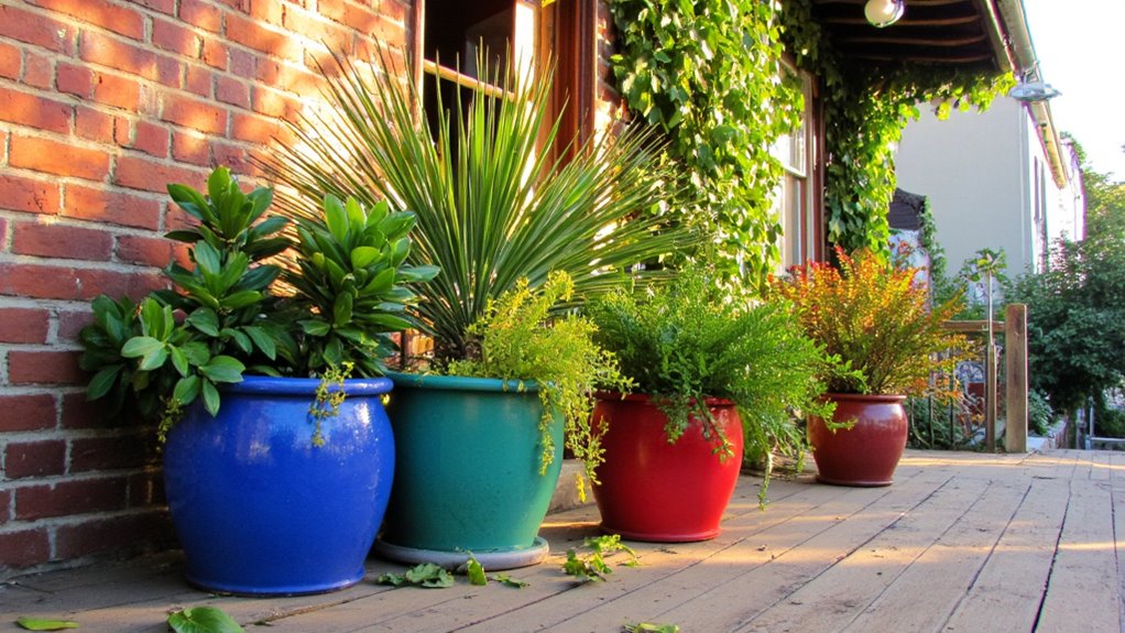 colorful glazed pots brighten outdoor