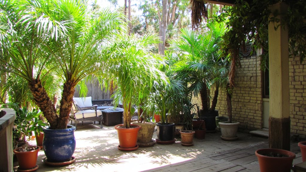 potted palms define outdoor spaces