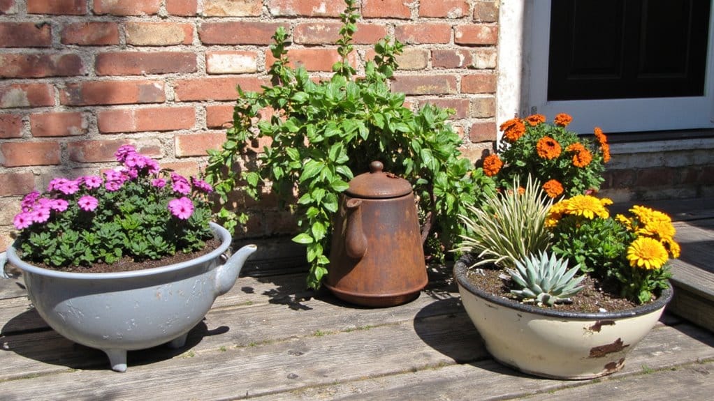 repurposed kitchenware as planters