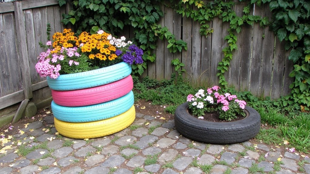 repurposed tires as flower displays