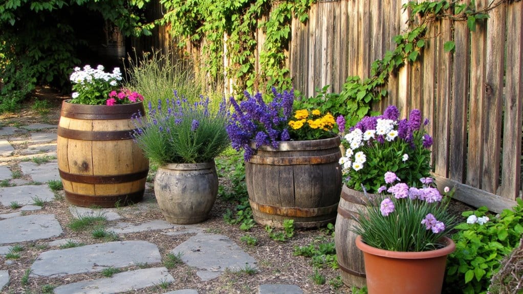 rustic wooden barrel planters