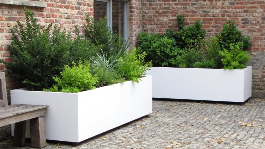 sleek white planters enhance greenery