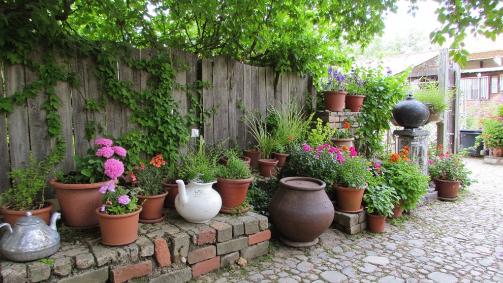 vintage containers enhance garden