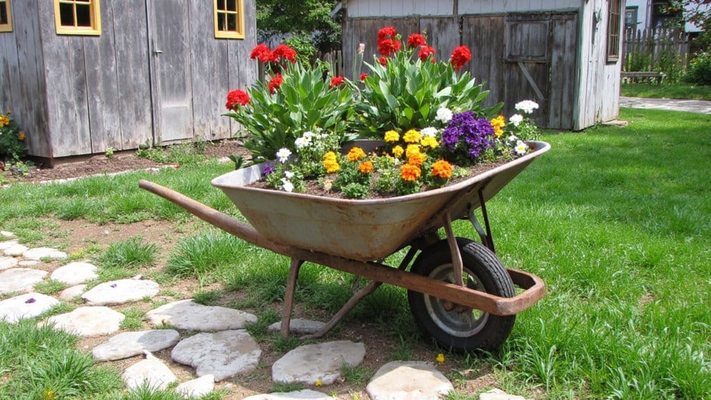 whimsical wheelbarrow flower display