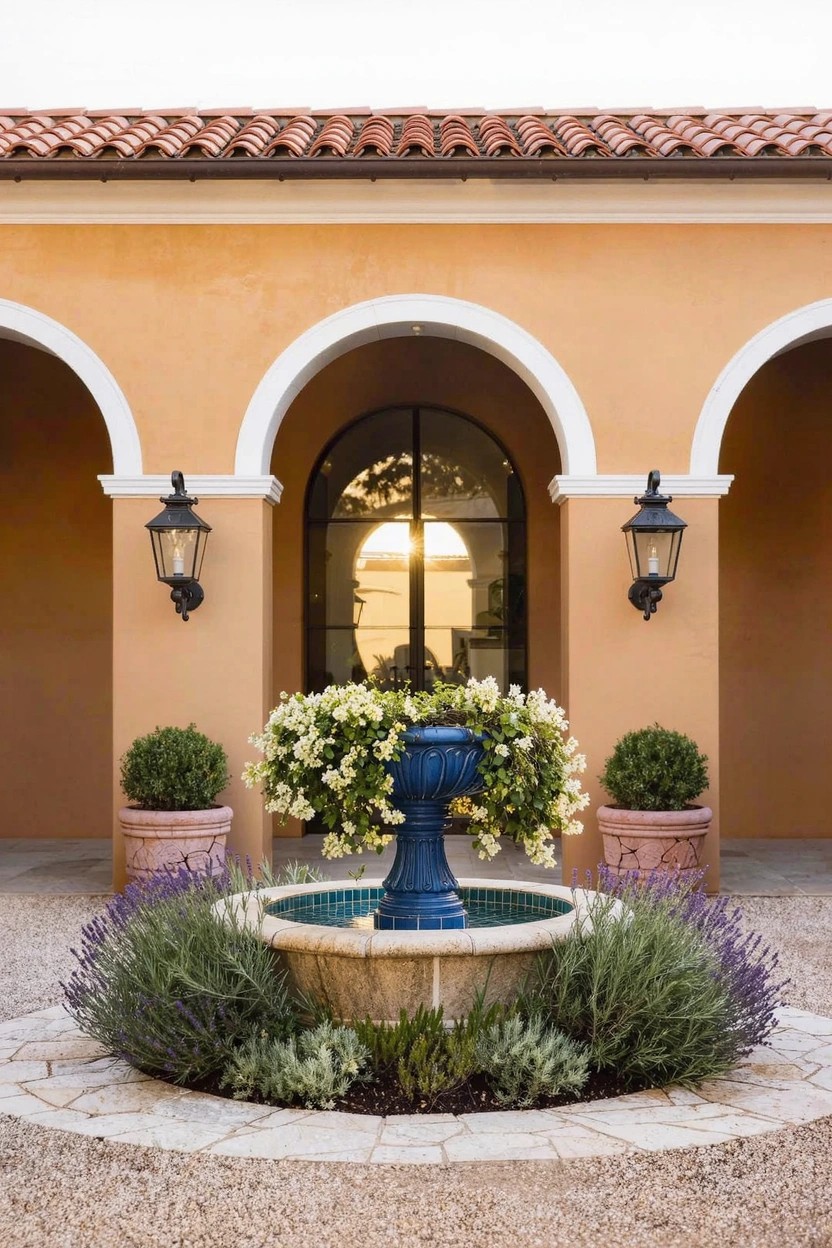 Blue ceramic fountain centered in a gravel patio surrounded by a circular planting bed of lavender, grasses, and white flowers, backed by yellow stucco walls with arches and black lanterns.