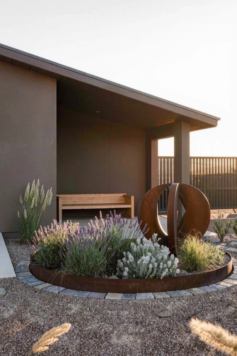 Modern gray house with sloped roof and covered entry area featuring a wooden bench, adjacent circular raised flower bed edged in rusted metal planted with lavender and grasses, metal circle sculpture inside, gravel ground.