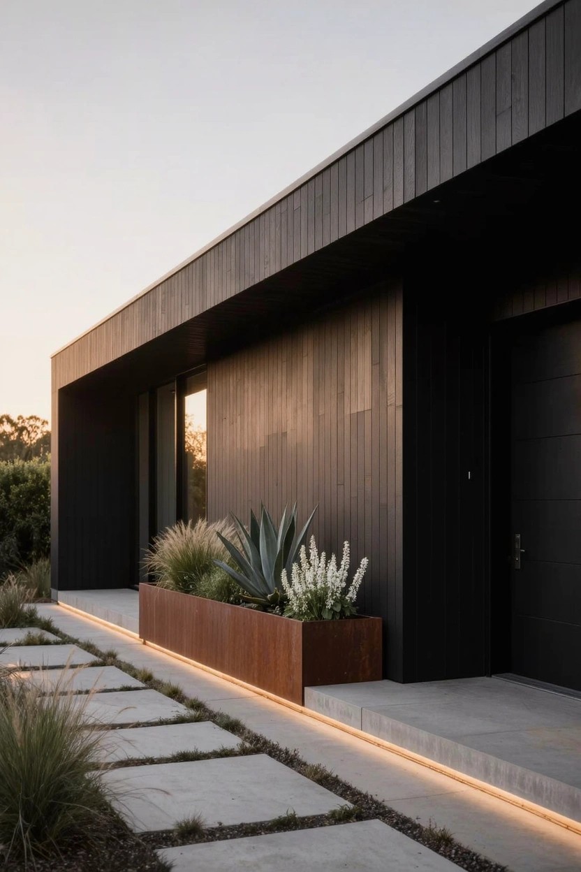 Modern house exterior with black wood cladding, concrete paver pathway edged by long corten steel planter box containing agave, grasses, and white flowers, leading to black entry door.