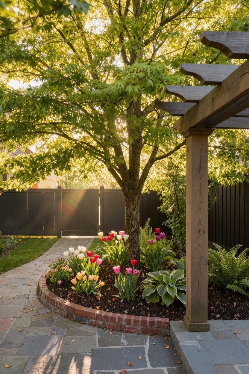 A backyard garden shows a large green tree encircled by a curved brick-edged flower bed planted with pink, red, white, and yellow tulips, next to a stone pathway, wooden pergola posts, ferns, hostas, and a dark wooden fence.