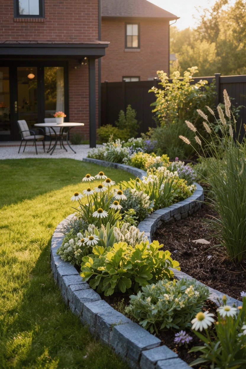 Curved flower bed edged with gray stone blocks filled with yellow coneflowers, white daisies, green foliage, and ornamental grasses bordering a green lawn next to a brick house patio.