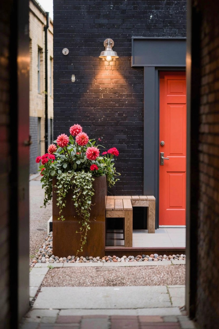 Narrow alleyway with black brick walls, gray trim around a red door lit by a wall lantern, large rectangular metal planter overflowing with red dahlias and ivy next to a wooden bench on gravel ground.