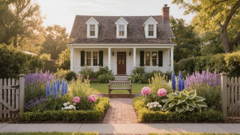 White clapboard house with gabled roof, black shutters, and covered porch, approached by a curved red brick pathway edged with flower beds of purple delphiniums, pink hydrangeas, hostas, and shrubs.