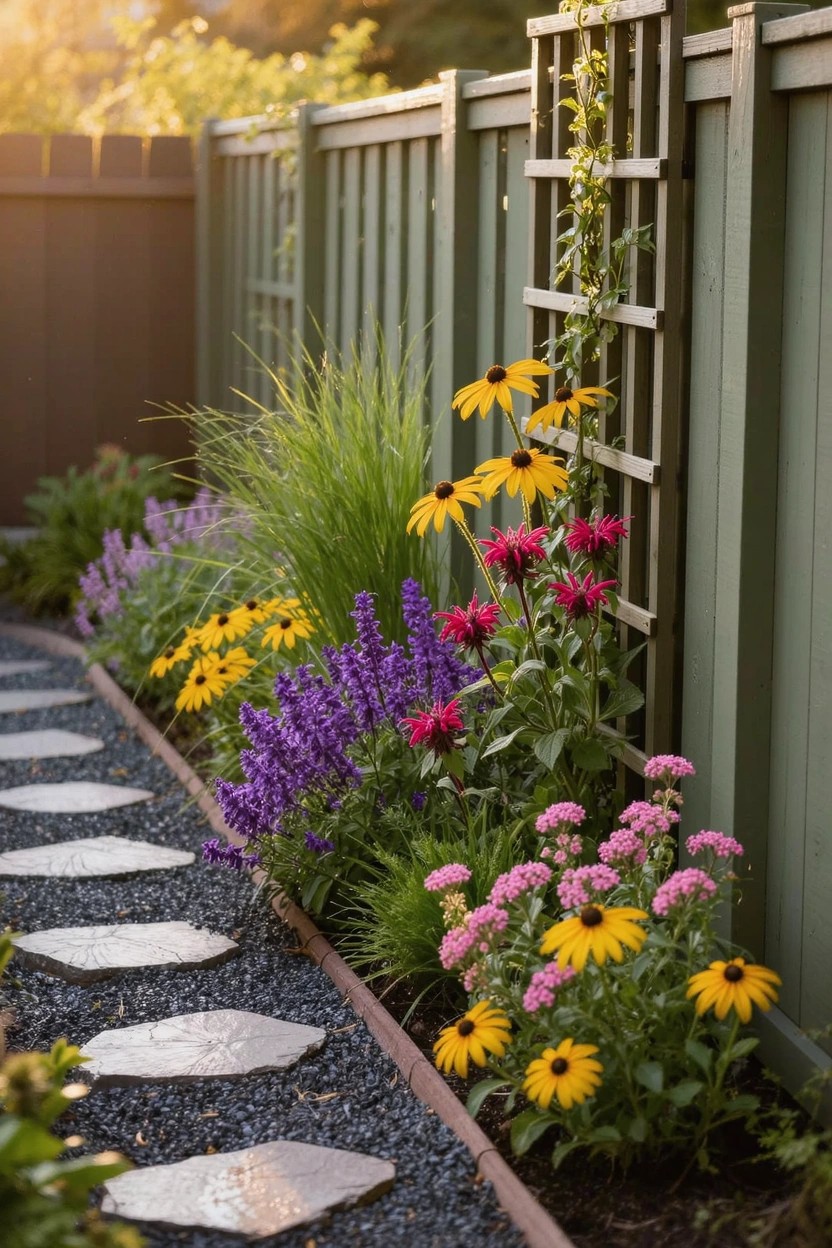Narrow stone stepping path edged with gravel runs alongside vibrant flower beds containing sunflowers, salvia, bee balm, zinnias, and ornamental grasses next to a wooden fence and trellis.
