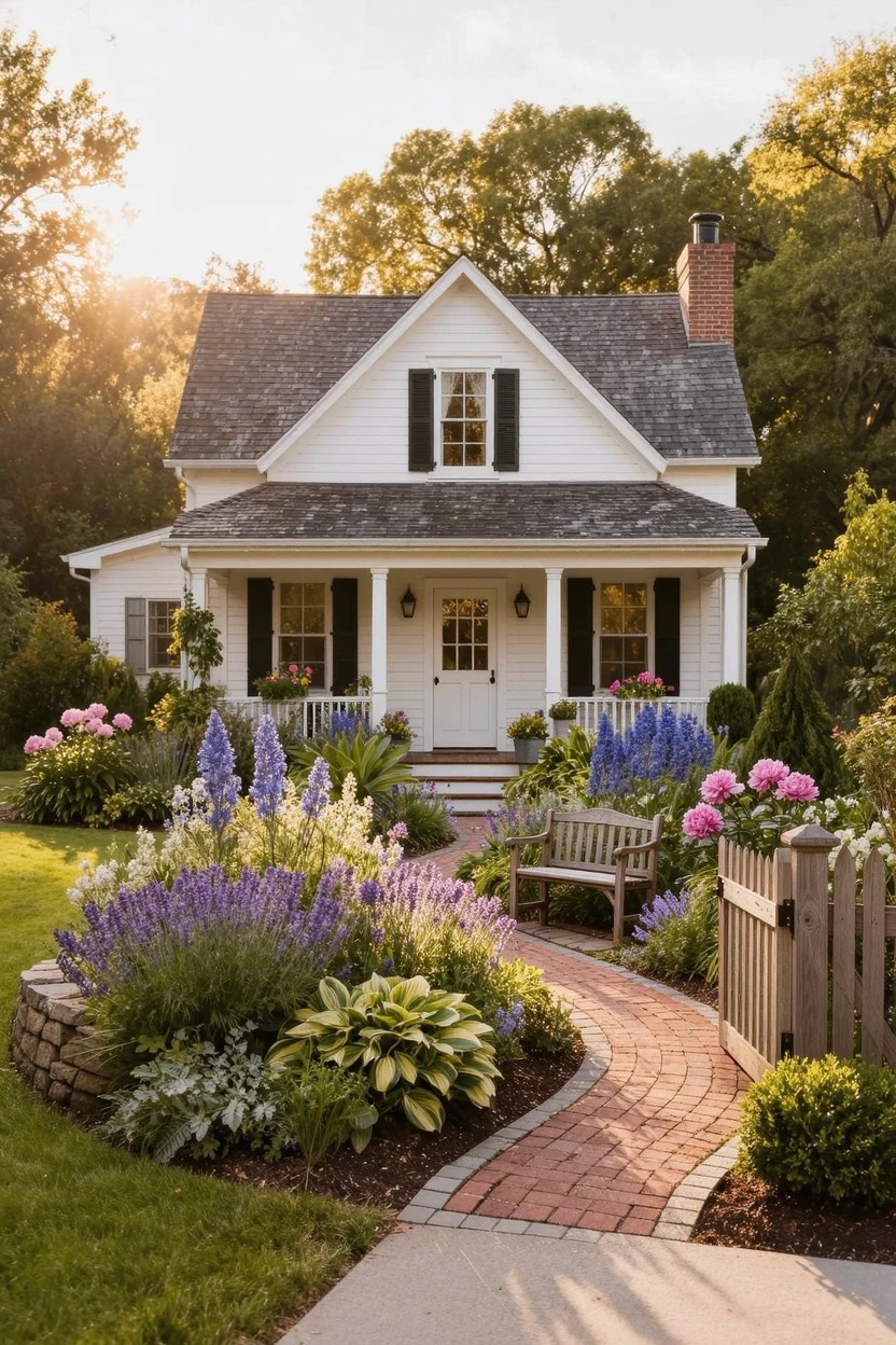 White clapboard house with gabled roof, black shutters, and covered porch, approached by a curved red brick pathway edged with flower beds of purple delphiniums, pink hydrangeas, hostas, and shrubs.
