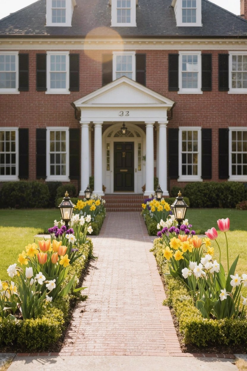 Red brick house with black shutters and white-columned front porch, brick walkway lined on both sides by flower beds of multicolored tulips, daffodils, and other blooms.
