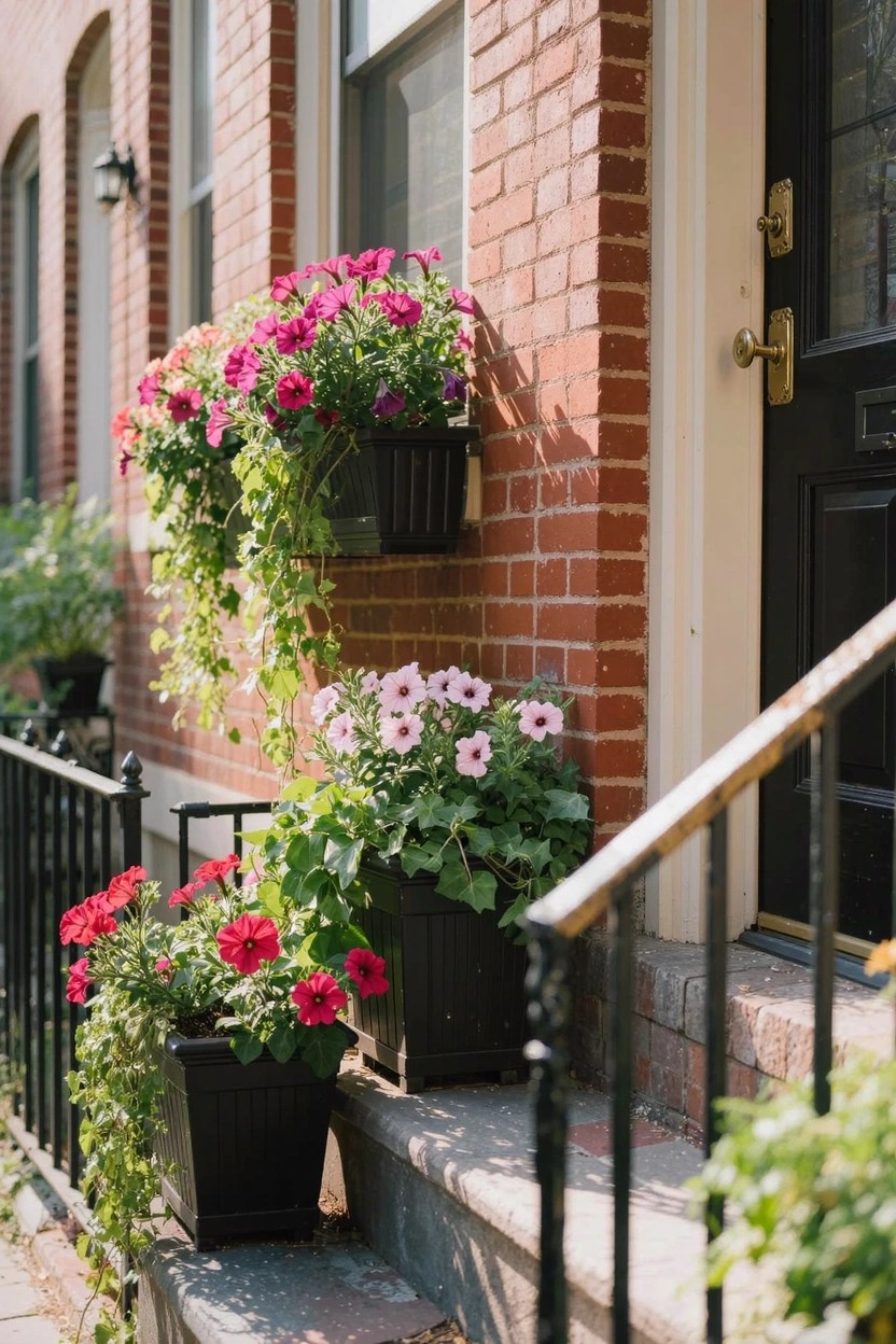 White house exterior featuring a gravel bed with multiple agave succulents and clusters of purple spike flowers next to a concrete entry path.