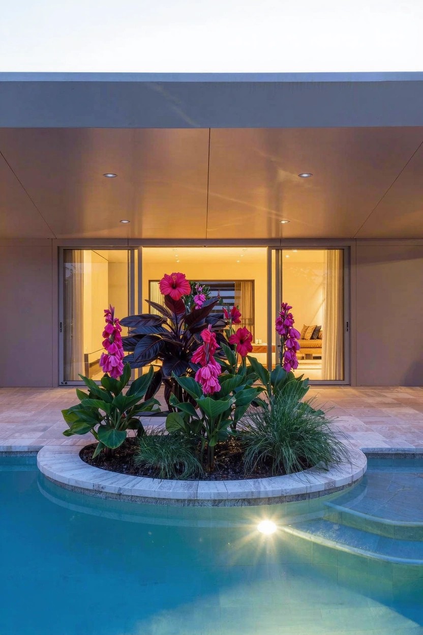 Round stone planter filled with pink hibiscus flowers, dark foliage, and grasses built into the edge of a turquoise pool with steps, next to a modern home's covered patio area with open glass doors.