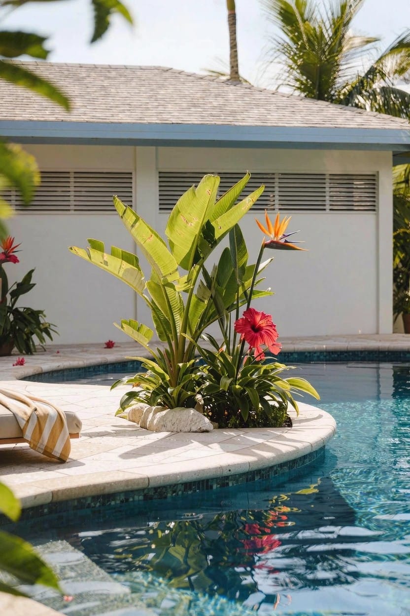 Brick house exterior featuring steps to a turquoise door flanked by black iron railing with pink climbing roses, potted flowers and shrubs on the steps, and a wooden bench nearby.
