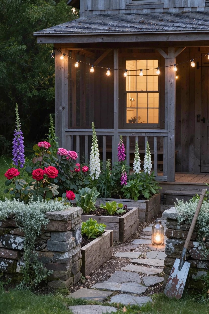 Rustic gray wooden cabin with gabled roof and porch lit by string lights, bordered by tall pink foxgloves and white flowers, raised wooden garden beds with greens, stone walls, gravel path, and lantern.