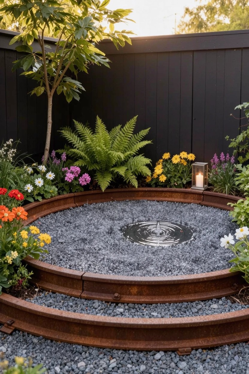 Circular raised garden bed edged with stacked rusted metal rails filled with gray gravel and a central rippling water feature surrounded by colorful flowers ferns and a candle lantern against a black wooden fence.