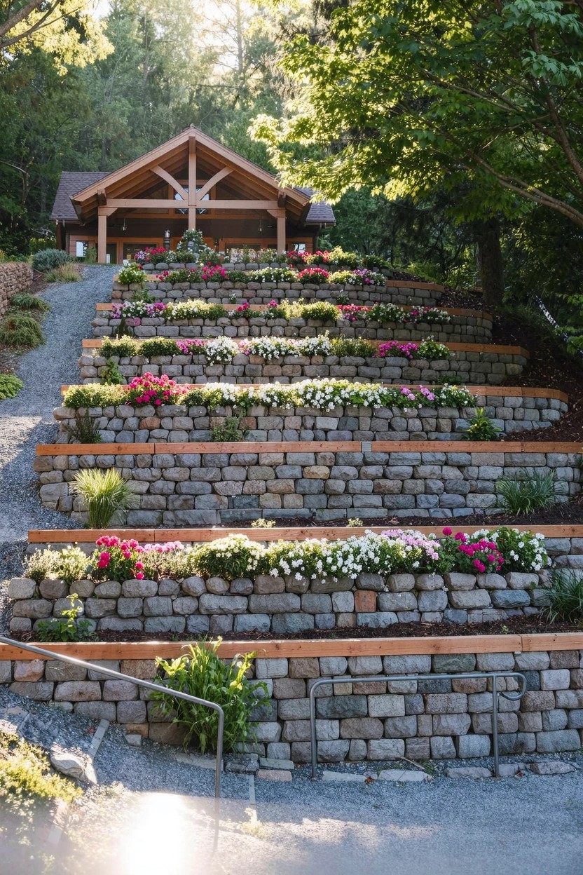 A wooden gabled cabin atop a hillside with gravel steps and terraced stone retaining walls planted with pink, white, and purple flowers amid trees.