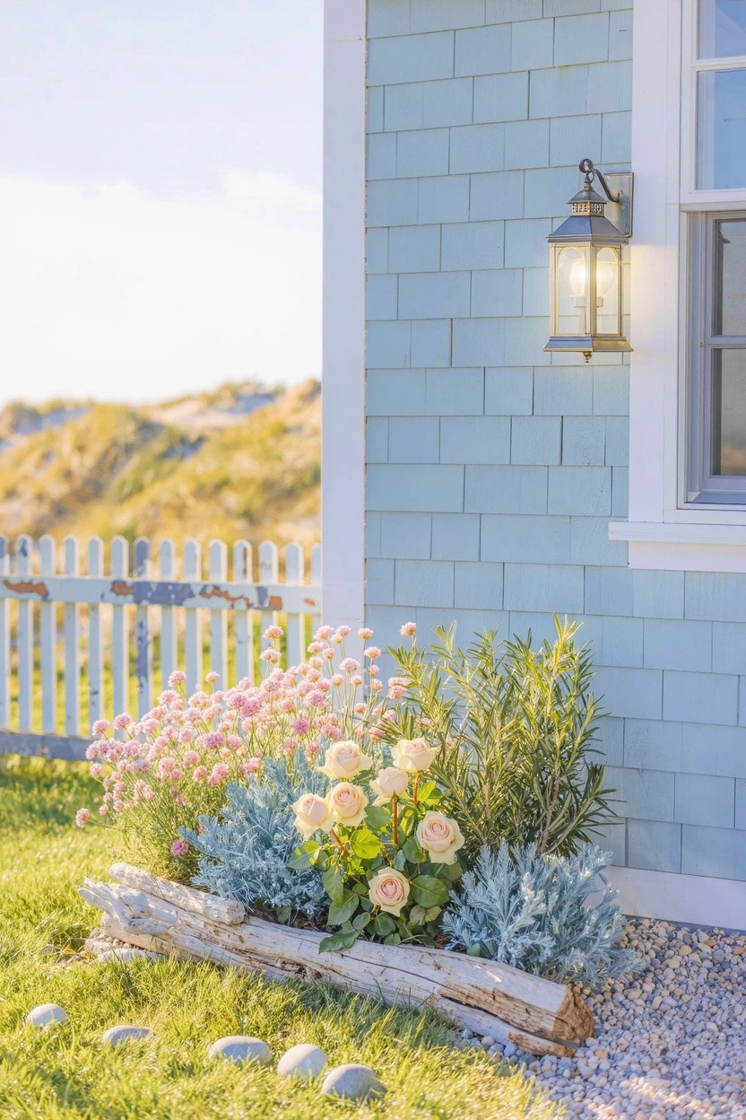 Corner of a light blue shingled house with a wall lantern beside a window, white picket fence, beach dunes in background, and a weathered log planter filled with pink flowers, white roses, green shrubs, rocks, and grass.