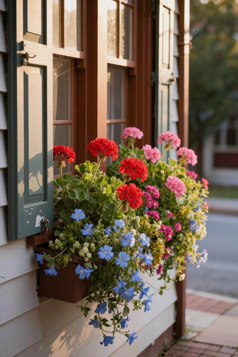 Wooden window with green shutters on a white clapboard house exterior, featuring a red flower box overflowing with red and pink geraniums and blue lobelia flowers.