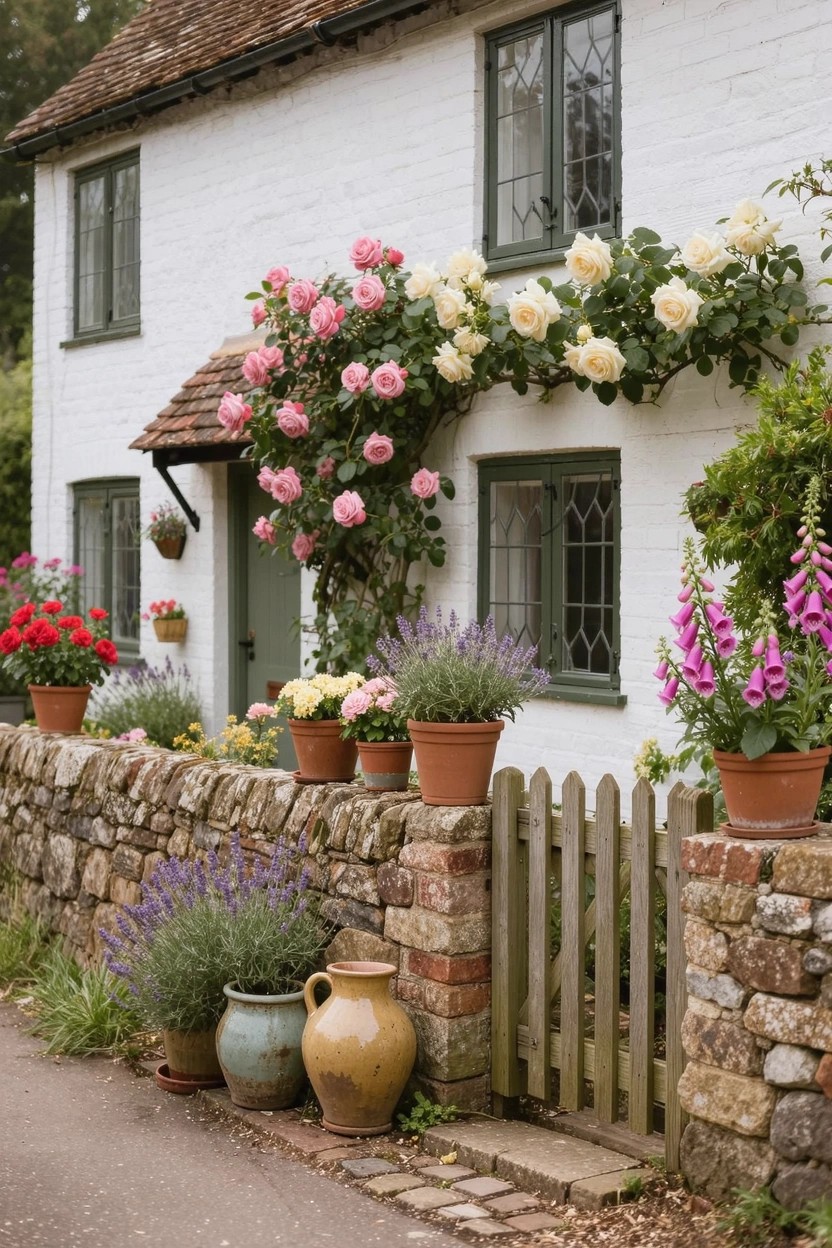 White cottage house with pink and white climbing roses over green door and windows, terracotta pots with red, purple, and yellow flowers lined along low stone wall with white picket gate.