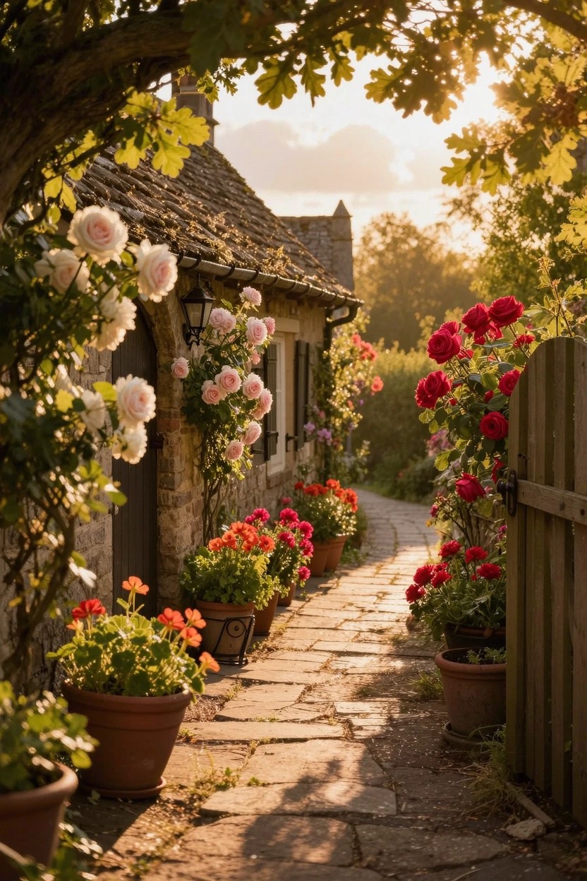 Stone cottage with arched door and climbing pink roses, flanked by a garden path lined with large terracotta pots of red geraniums and pink roses leading to a wooden gate.