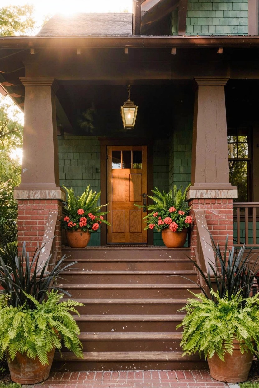Craftsman bungalow front porch with green shingle siding, brick pillars and steps, wooden door with glass panels, hanging lantern above door, large terracotta pots holding red flowers flanking the steps, and green ferns in pots on the steps.